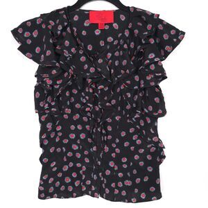 ZAC POSEN NEW YORK Z Spoke Top Size 2 Ruffle 100% SILK‎ Black Floral